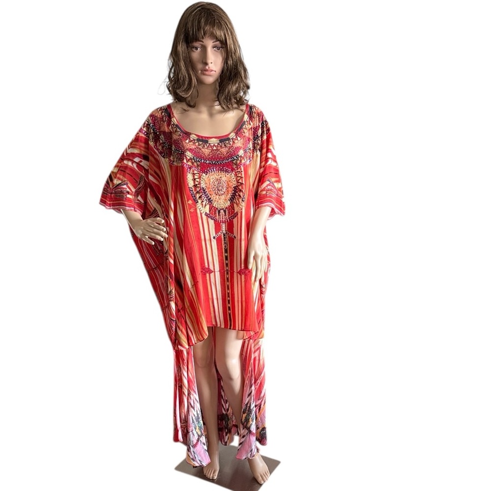 Camilla 100% Silk Embellished Kaftan Dress High Low Hem One Size